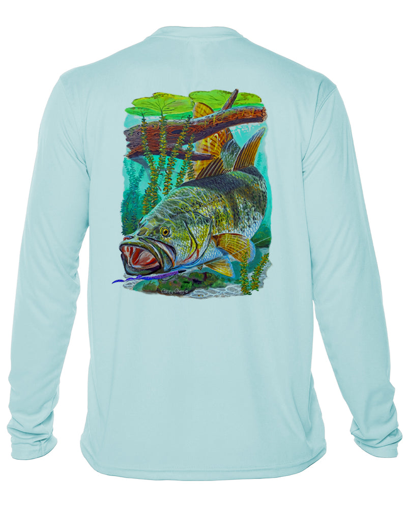Men’s Long Sleeve Bass Fishing Performance Shirt – “Bass Strike” by Carey Chen