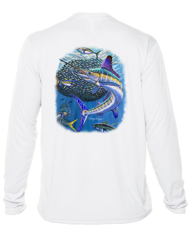 Youth White Marlin Performance Shirt – “Bait Ball Frenzy” by Carey Chen