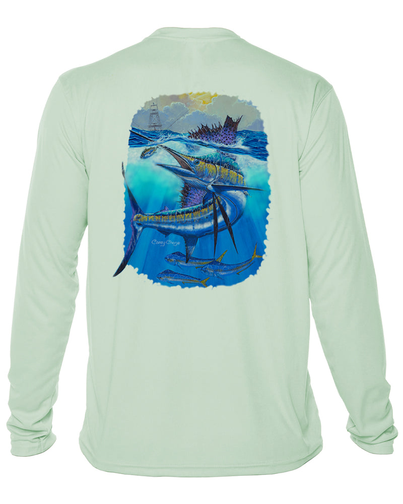 Men’s Long Sleeve Sailfish Performance Shirt – “Deep Blue Pursuit” by Carey Chen