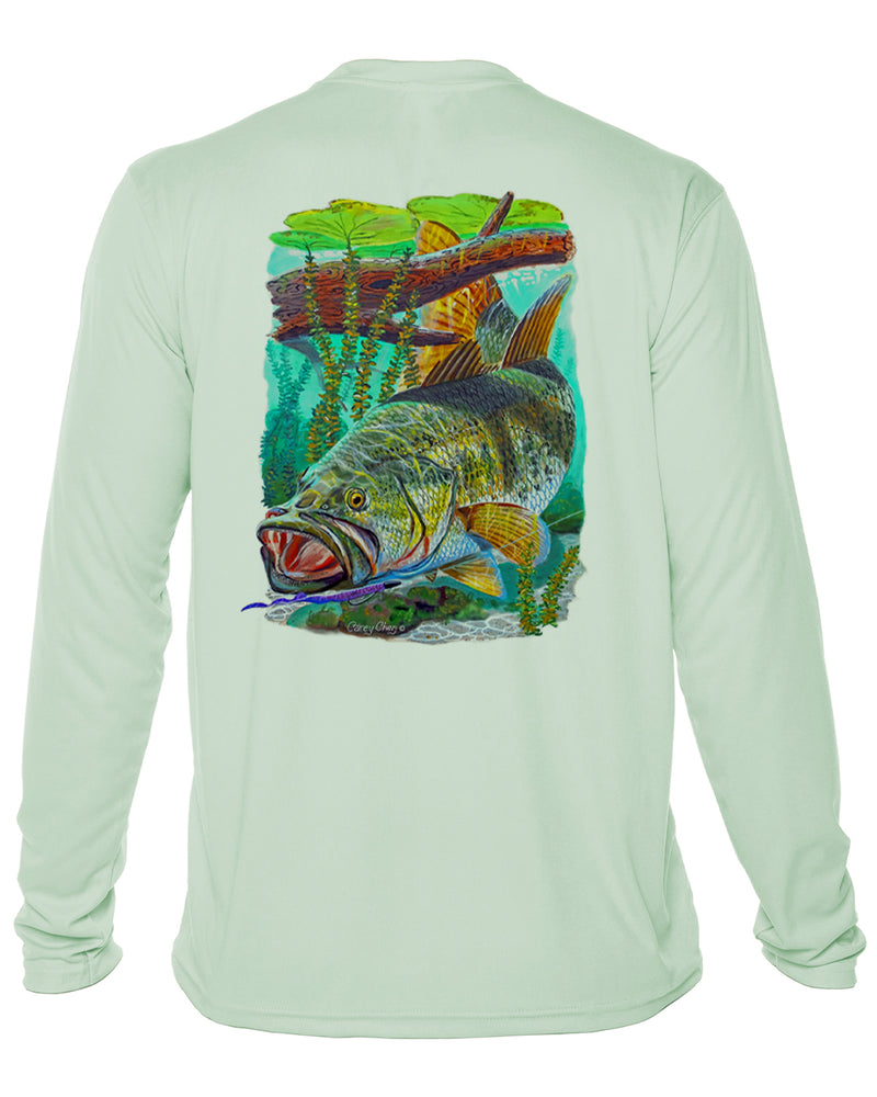Men’s Long Sleeve Bass Fishing Performance Shirt – “Bass Strike” by Carey Chen