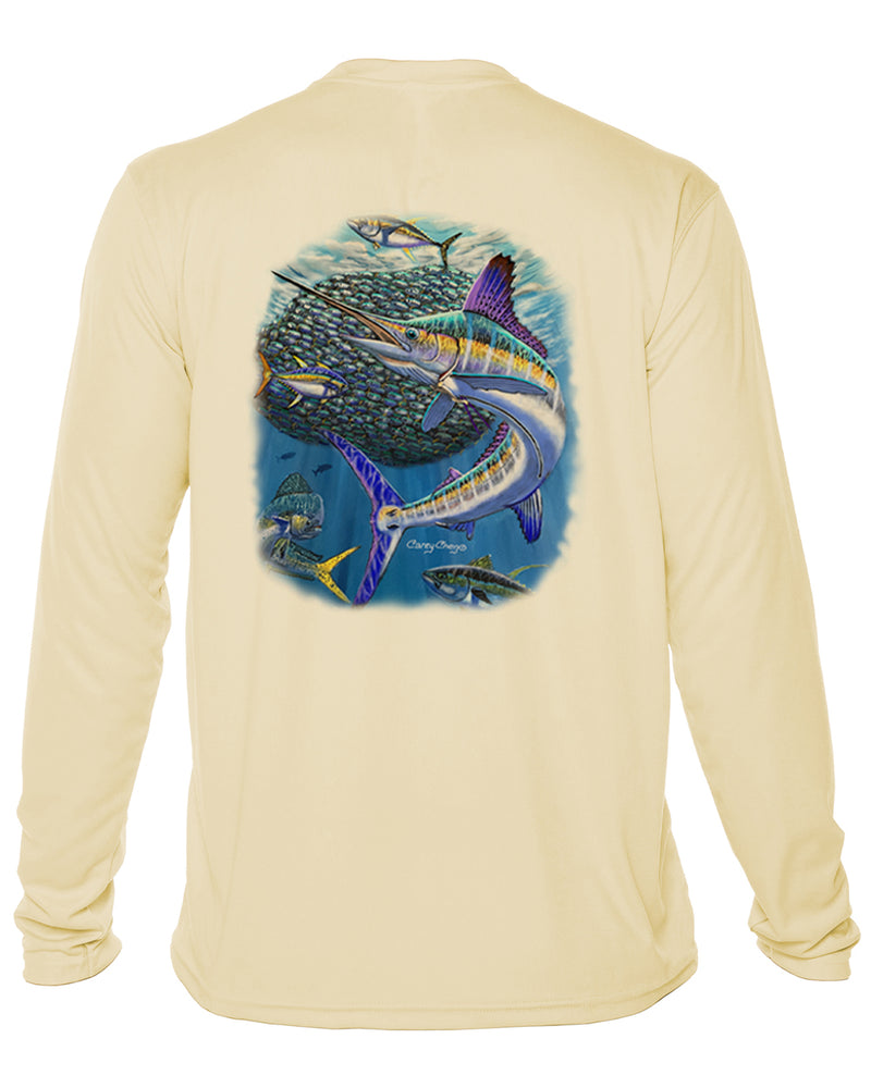 Men’s White Marlin Performance Shirt – “Bait Ball Frenzy” by Carey Chen