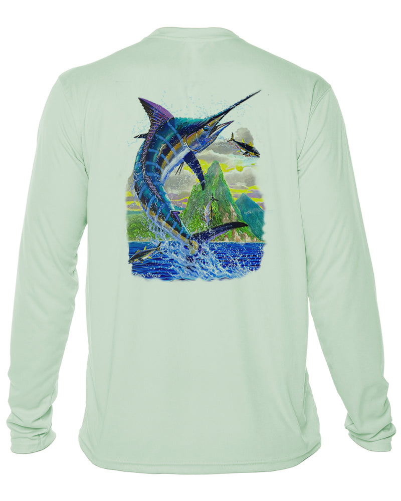 Men’s Long Sleeve Marlin Jump Performance Shirt – “Ocean Royalty” by Carey Chen