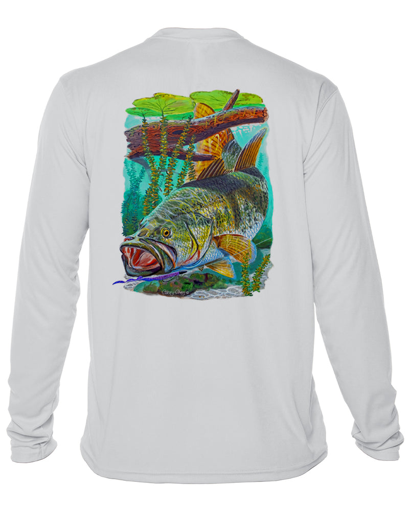 Men’s Long Sleeve Bass Fishing Performance Shirt – “Bass Strike” by Carey Chen
