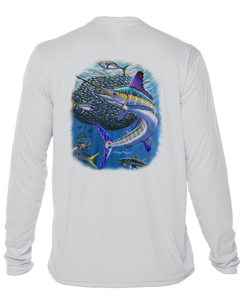 Youth White Marlin Performance Shirt – “Bait Ball Frenzy” by Carey Chen