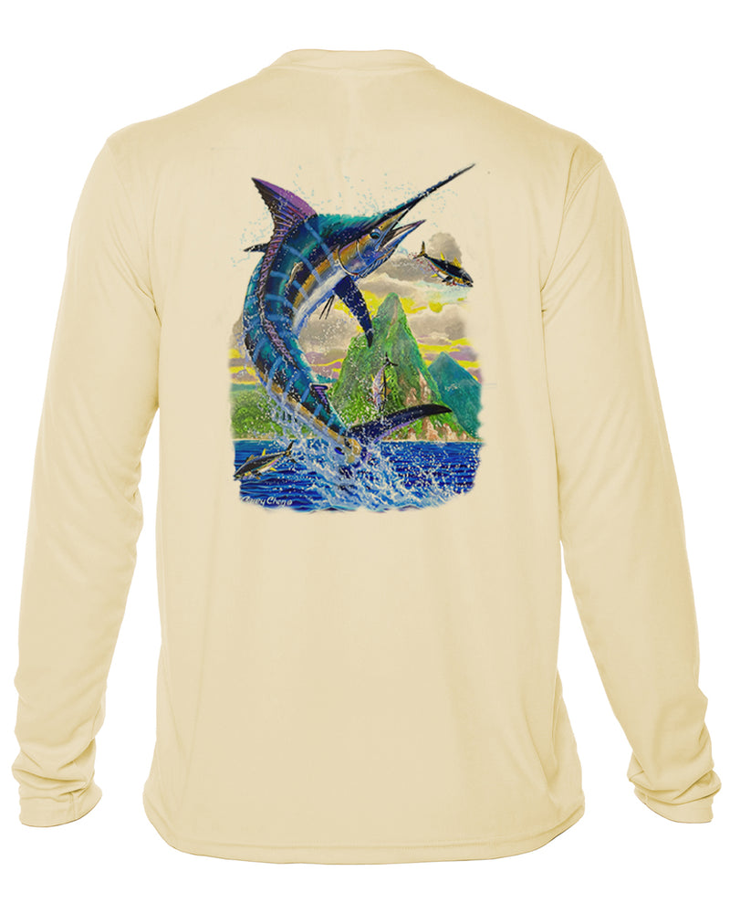 Men’s Long Sleeve Marlin Jump Performance Shirt – “Ocean Royalty” by Carey Chen