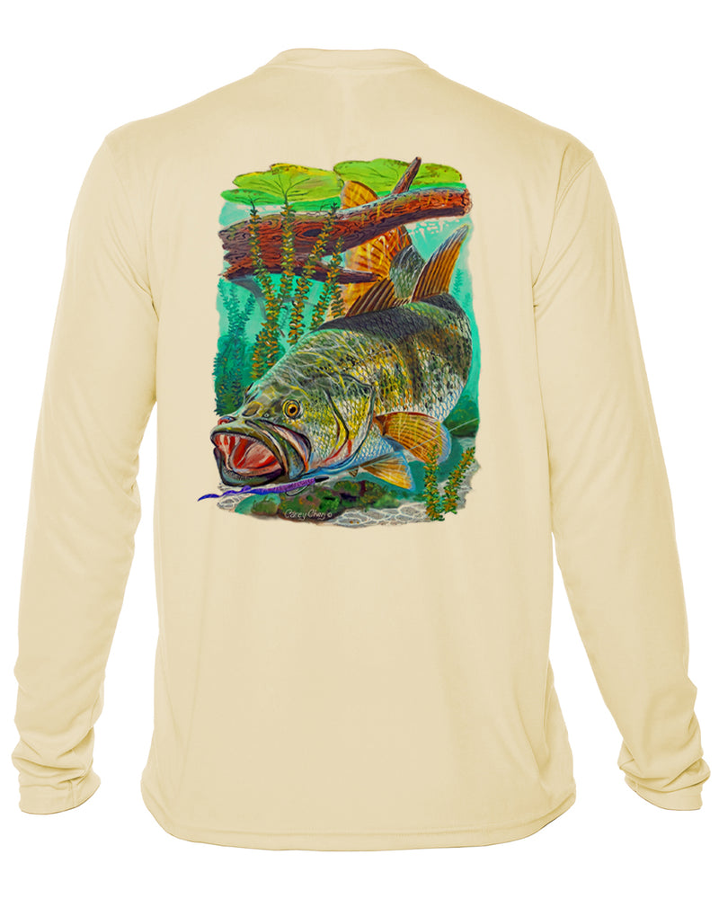 Men’s Long Sleeve Bass Fishing Performance Shirt – “Bass Strike” by Carey Chen
