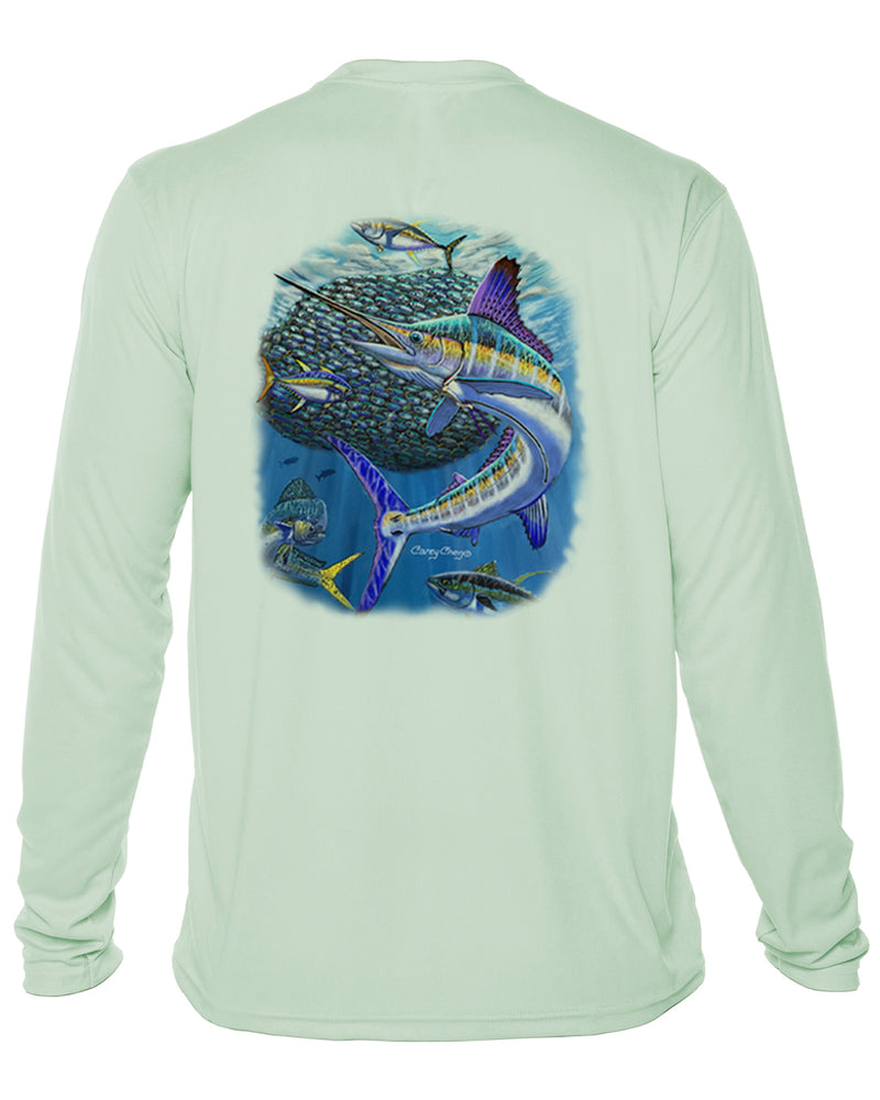 Men’s White Marlin Performance Shirt – “Bait Ball Frenzy” by Carey Chen