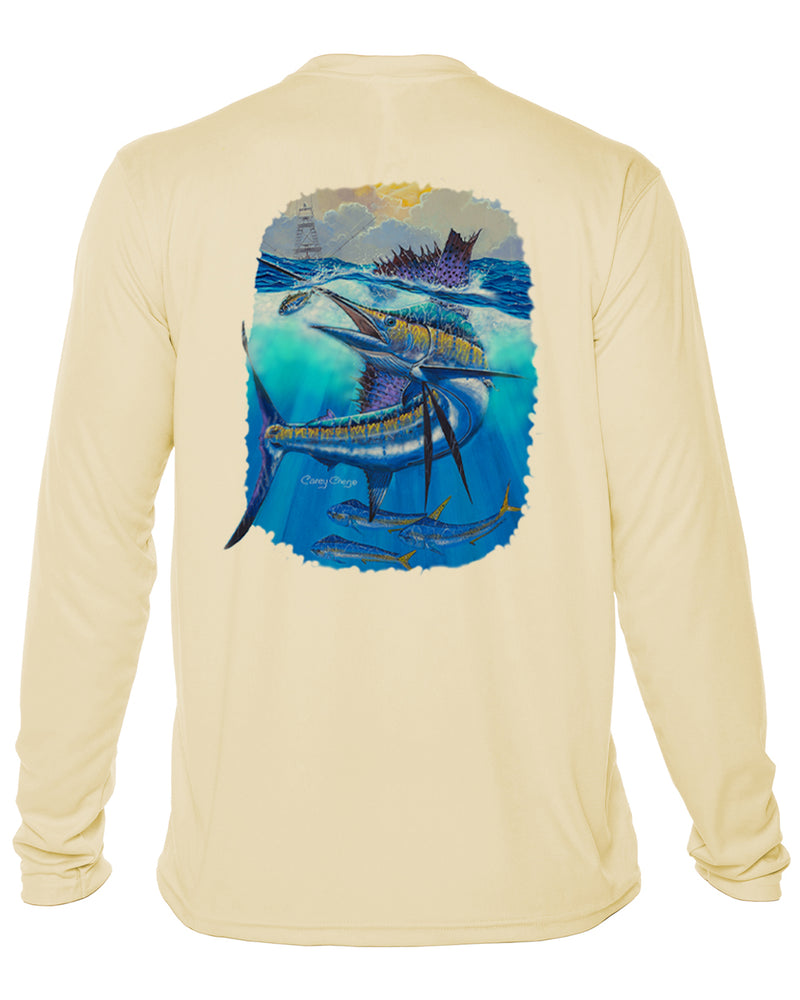 Men’s Long Sleeve Sailfish Performance Shirt – “Deep Blue Pursuit” by Carey Chen