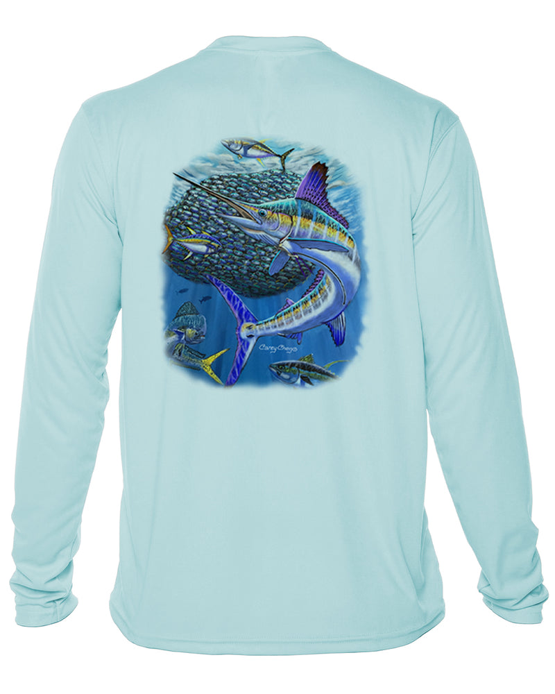Youth White Marlin Performance Shirt – “Bait Ball Frenzy” by Carey Chen