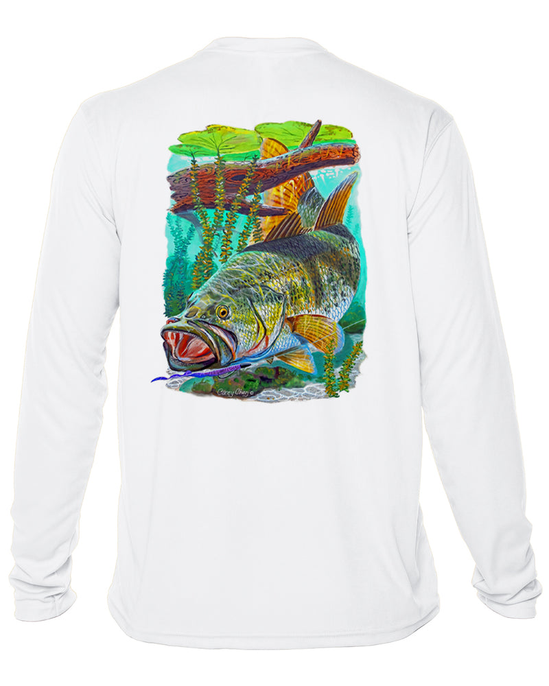Men’s Long Sleeve Bass Fishing Performance Shirt – “Bass Strike” by Carey Chen