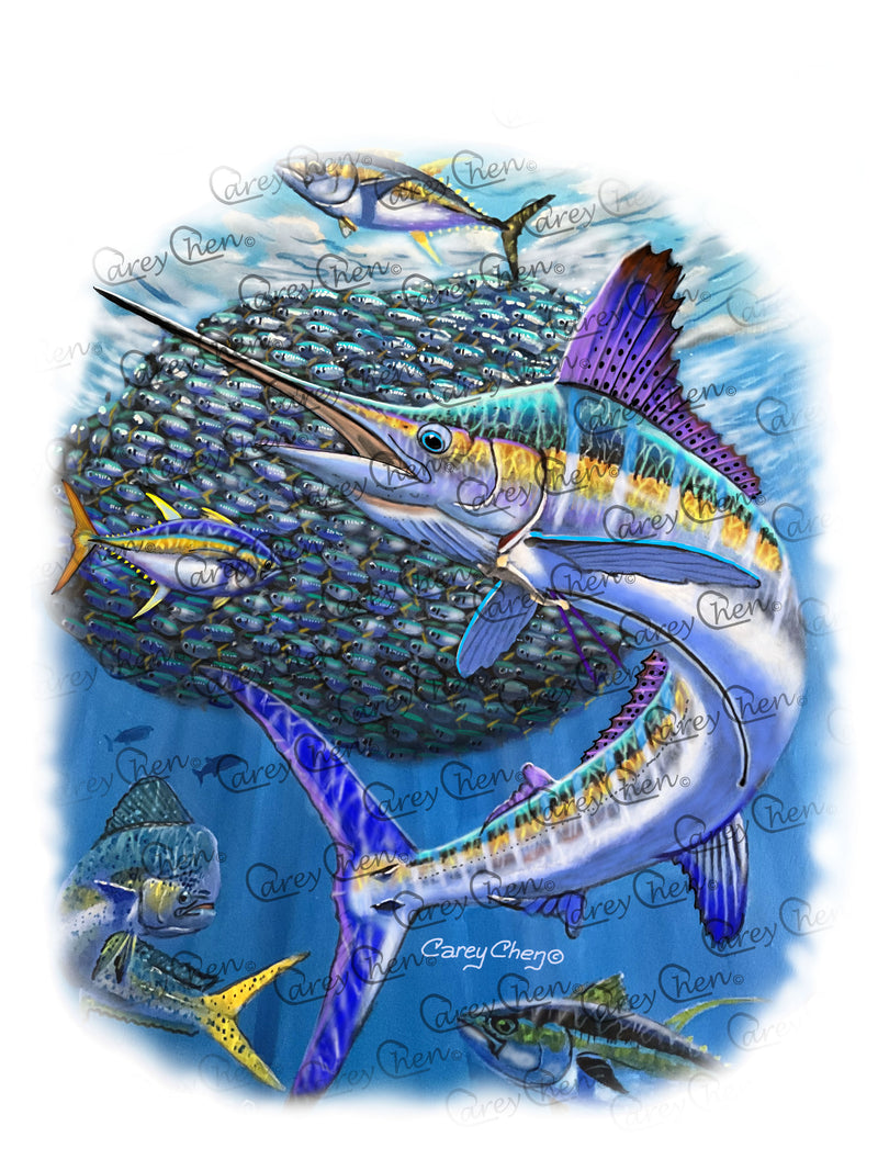Youth White Marlin Performance Shirt – “Bait Ball Frenzy” by Carey Chen