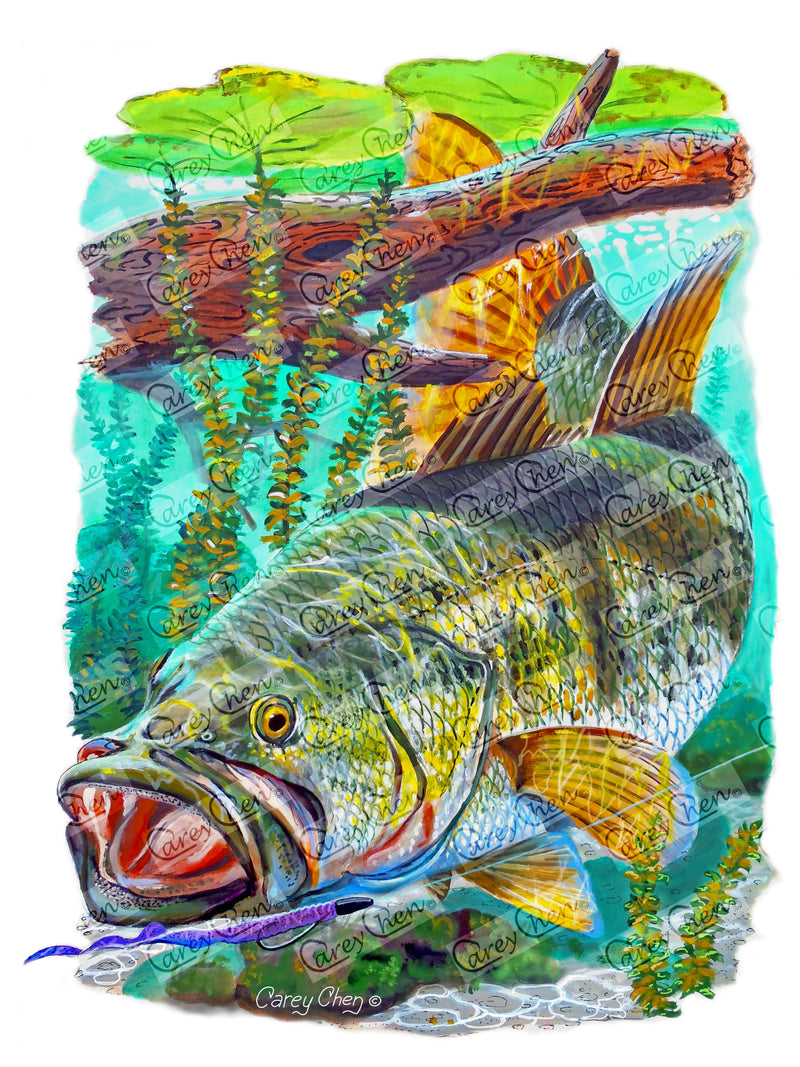 Men’s Long Sleeve Bass Fishing Performance Shirt – “Bass Strike” by Carey Chen