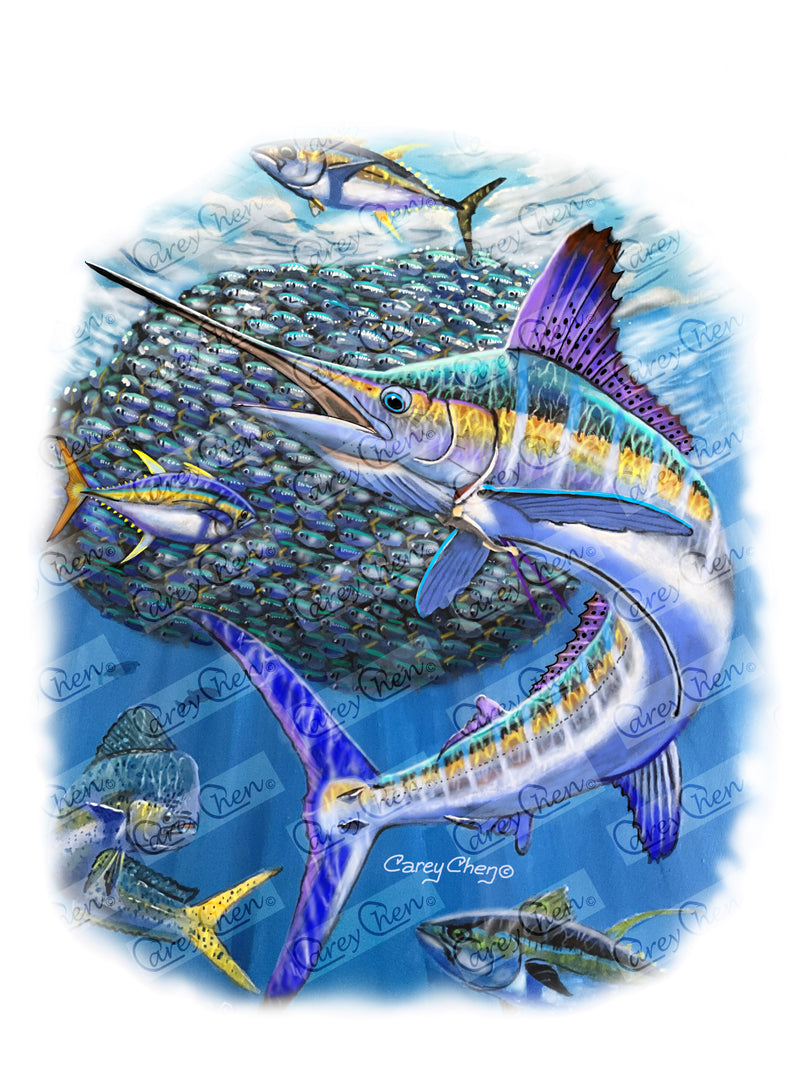 Women’s Short Sleeve White Marlin Performance Shirt – “Bait Ball Frenzy” by Carey Chen